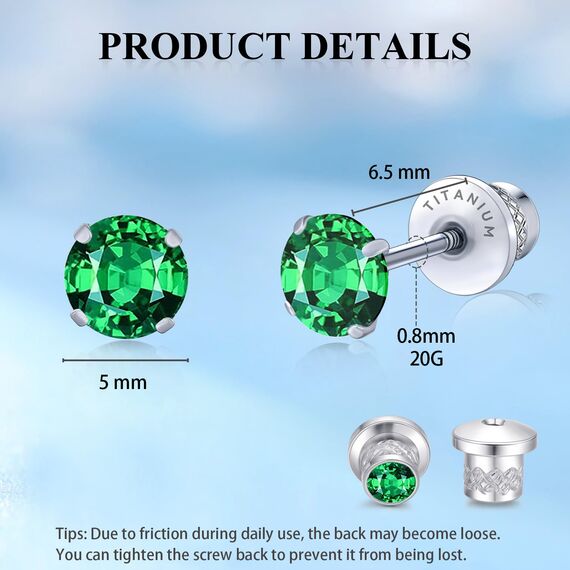 Limerencia Titan Ohrringe für Damen und Herren - G23 Medizinische Hypoallergene Gesundheitsstecker Mit CZ für Empfindliche Ohren - Mode Damenschmuck (5mm, Grün)