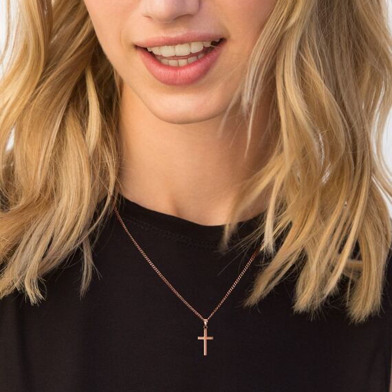 day.berlin Damen Kreuzkette Vice in Rosegold 45+5cm mit Kreuz Anhänger (13x28mm) feine Panzerkette Edelstahl 18k vergoldet für Frauen