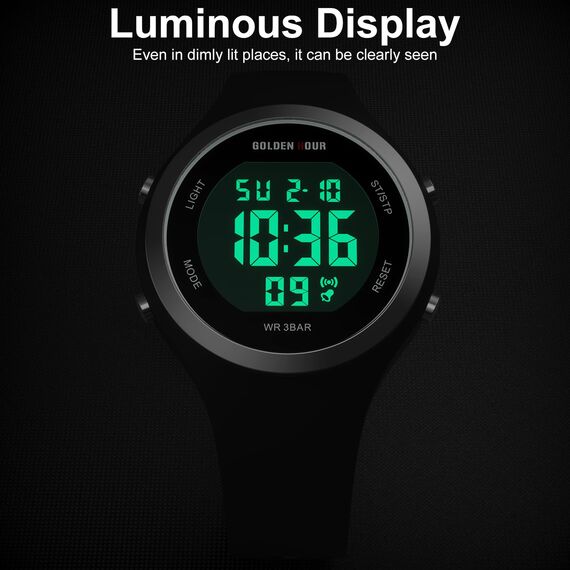 GOLDEN HOUR Digital Uhr Damen 5ATM wasserdichte Sport Chronograph Silikonarmband Armbanduhr Damen Sportlich Elegant Uhren Damen mit Datum Leuchtend Leicht ablesbares Zifferblatt - Silber Schwarz