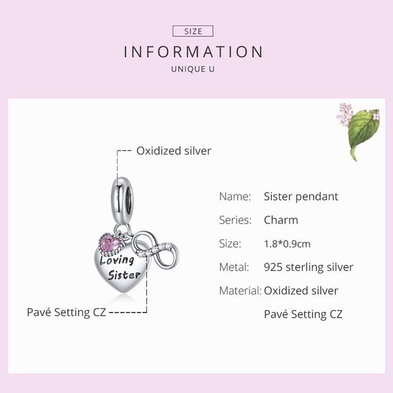Charms Anhänger für Pandora Charms Armbänder für Damen, 925er Sterlingsilber, liebevolle Schwester-Anhänger-Perle mit Zirkonia, Mädchen-Schmuck-Geschenke