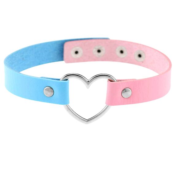 JewelryWe Schmuck Damen Choker Leder Halsband Gothic Punk Lolita Herz Sklave Kragen Halskette 32-38cm Erstellbare Zweifarbig Collier Kette, Blau Pink