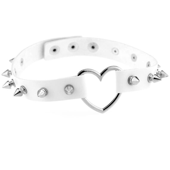 JewelryWe Schmuck Damen Choker Leder Halsband Gothic Punk Lolita Herz Spike Nieten Sklave Kragen Halskette 34-38cm Erstellbare Collier Kette, Weiß