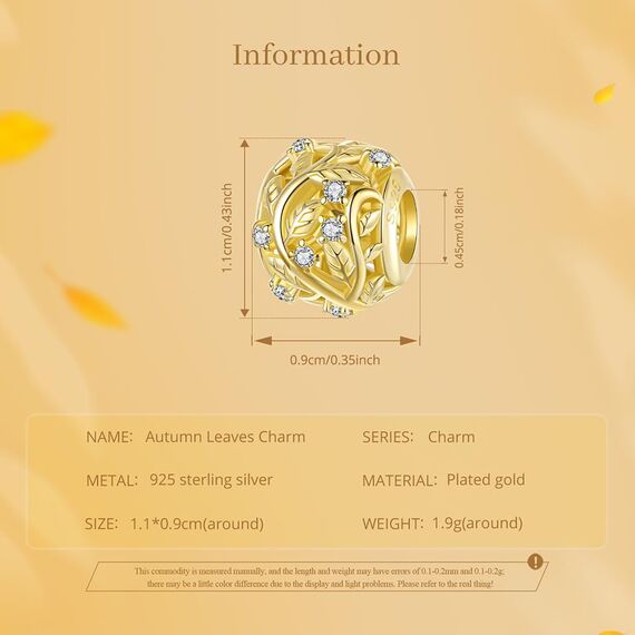 925 Sterling Silber Charm mit Goldenen Blättern & Ranken für Pandora Armband