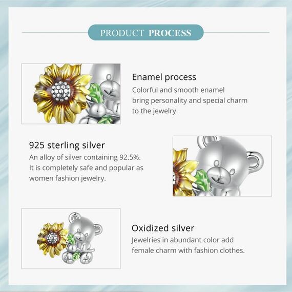 Sonnenblumen-Charme für Pandora-Armbänder, 925 Sterling Silber Bären-Charm-Anhänger-Schmuckgeschenk für Frau Teenager-Mädchen Mutter Tochter
