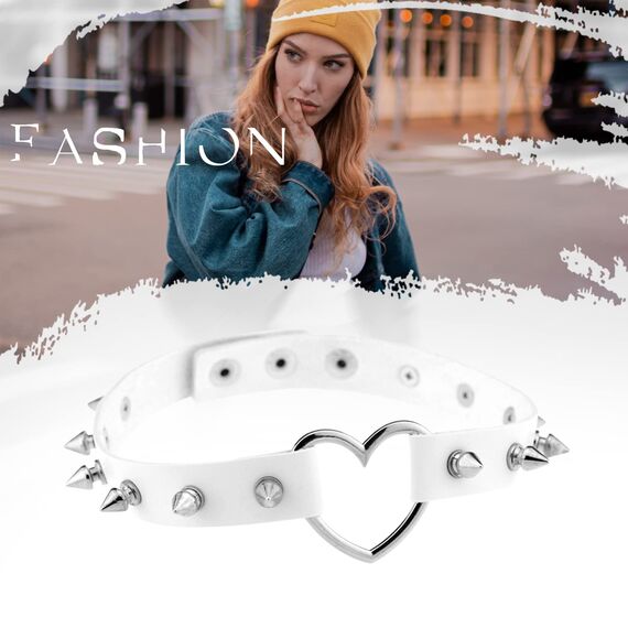 JewelryWe Schmuck Damen Choker Leder Halsband Gothic Punk Lolita Herz Spike Nieten Sklave Kragen Halskette 34-38cm Erstellbare Collier Kette, Weiß