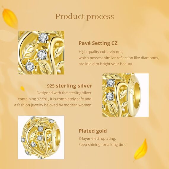 925 Sterling Silber Charm mit Goldenen Blättern & Ranken für Pandora Armband