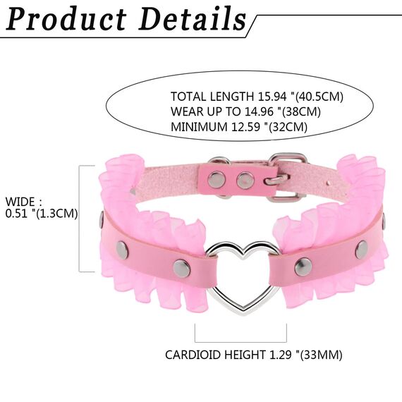 JewelryWe Schmuck Damen Choker Halsband Leder Spitze Halskette Gothic Punk Lolita Herz Collier Kette verstellbare Schnalle Kragen Halsketten für Frauen Mädchen Rosa