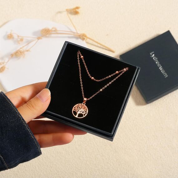 Lydreewam Lebensbaum Kette für Damen 925 Sterling Silber Baum des Lebens Doppel Layered Halskette mit Geschenkbox für Geburtstag Muttertag Weihnachten, verstellbar 40+5cm (Rosegold)