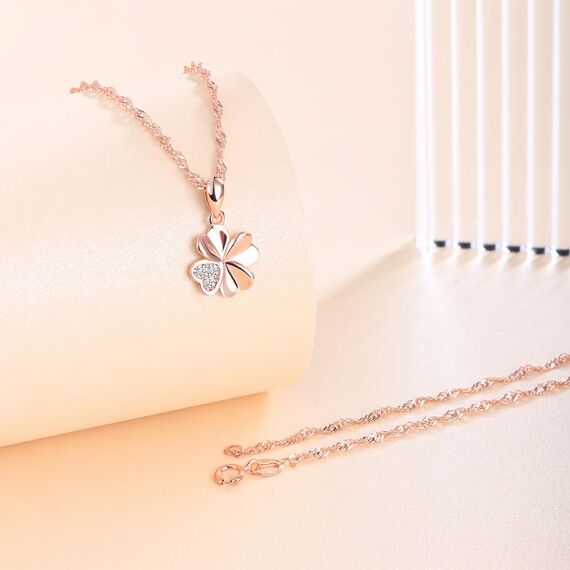 feilok Halskette Damen Kette mit Roségold Kleeblatt Zirkonia Vierblättriges Glücksbringer Anhänger aus 925 Sterling silber Halskette für Frauen