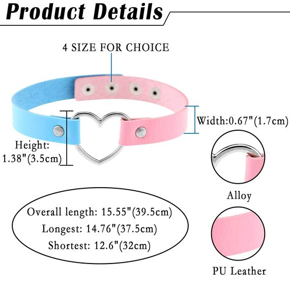 JewelryWe Schmuck Damen Choker Leder Halsband Gothic Punk Lolita Herz Sklave Kragen Halskette 32-38cm Erstellbare Zweifarbig Collier Kette, Blau Pink