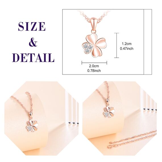 feilok Halskette Damen Kette mit Roségold Kleeblatt Zirkonia Vierblättriges Glücksbringer Anhänger aus 925 Sterling silber Halskette für Frauen