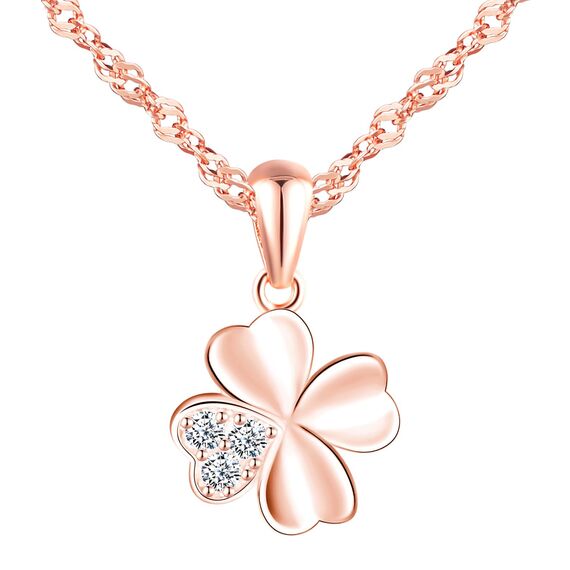 feilok Halskette Damen Kette mit Roségold Kleeblatt Zirkonia Vierblättriges Glücksbringer Anhänger aus 925 Sterling silber Halskette für Frauen