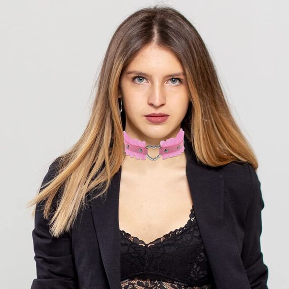 JewelryWe Schmuck Damen Choker Halsband Leder Spitze Halskette Gothic Punk Lolita Herz Collier Kette verstellbare Schnalle Kragen Halsketten für Frauen Mädchen Rosa