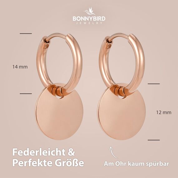 BONNYBIRD® Creolen mit Anhänger Rosegold Boho Ohrringe Damen Edelstahl Plättchen Klein Hängend Frauen Wasserfest Schmuck Vergoldet Goldschmuck Hypoallergen Chirurgenstahl Nickelfrei Sommer