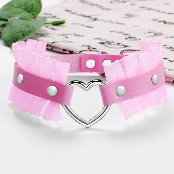 JewelryWe Schmuck Damen Choker Halsband Leder Spitze Halskette Gothic Punk Lolita Herz Collier Kette verstellbare Schnalle Kragen Halsketten für Frauen Mädchen Rosa