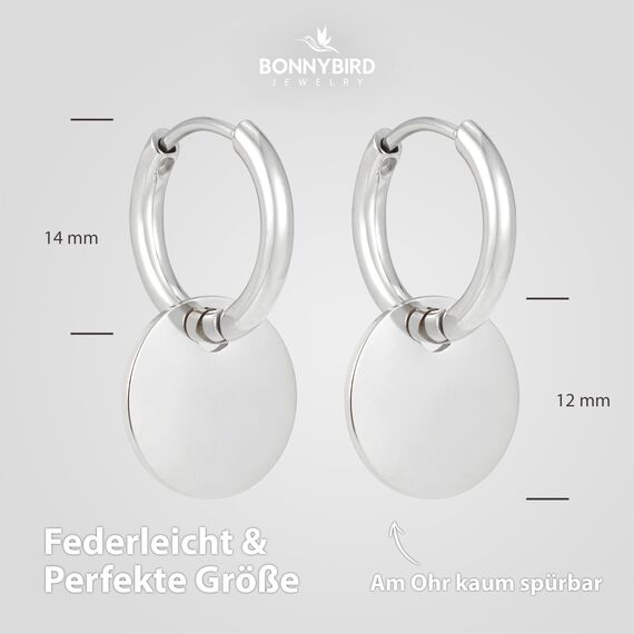 BONNYBIRD® Creolen mit Anhänger Silber Boho Ohrringe Damen Edelstahl Plättchen Kleine Damenohrringe Hängend Frauen Wasserfest Schmuck Silberschmuck Hypoallergen Chirurgenstahl Nickelfrei Sommer