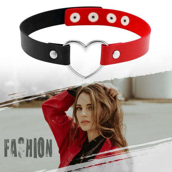 JewelryWe Schmuck Damen Choker Leder Halsband Gothic Punk Lolita Herz Sklave Kragen Halskette 32-38cm Erstellbare Zweifarbig Collier Kette, Schwarz Rot