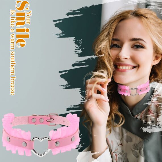 JewelryWe Schmuck Damen Choker Halsband Leder Spitze Halskette Gothic Punk Lolita Herz Collier Kette verstellbare Schnalle Kragen Halsketten für Frauen Mädchen Rosa