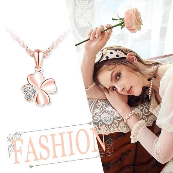 feilok Halskette Damen Kette mit Roségold Kleeblatt Zirkonia Vierblättriges Glücksbringer Anhänger aus 925 Sterling silber Halskette für Frauen