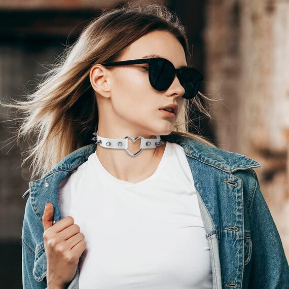 JewelryWe Schmuck Damen Choker Leder Halsband Gothic Punk Lolita Herz Spike Nieten Sklave Kragen Halskette 34-38cm Erstellbare Collier Kette, Weiß