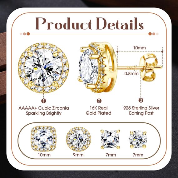 DOCHAIS Ohrringe Gold Silber 925 Ohrstecker Damen Herren 14 Karat Vergoldet Gold Silber Ohrstecker 925 Set Hypoallergene Zirkonia Ohrringe 6-10 mm, Schmuck Geschenke für Frauen Männer
