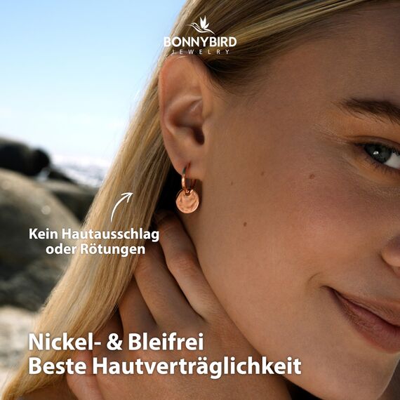BONNYBIRD® Creolen mit Anhänger Rosegold Boho Ohrringe Damen Edelstahl Plättchen Klein Hängend Frauen Wasserfest Schmuck Vergoldet Goldschmuck Hypoallergen Chirurgenstahl Nickelfrei Sommer