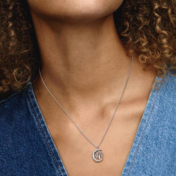 PANDORA Timeless Mond & drehender Lebensbaum Anhänger Halskette aus Sterling Silber mit Zirkonia Steinen, Größe 50cm, 392992C01-50