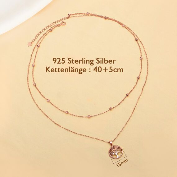 Lydreewam Lebensbaum Kette für Damen 925 Sterling Silber Baum des Lebens Doppel Layered Halskette mit Geschenkbox für Geburtstag Muttertag Weihnachten, verstellbar 40+5cm (Rosegold)