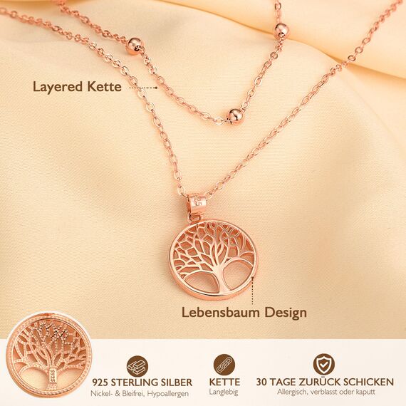 Lydreewam Lebensbaum Kette für Damen 925 Sterling Silber Baum des Lebens Doppel Layered Halskette mit Geschenkbox für Geburtstag Muttertag Weihnachten, verstellbar 40+5cm (Rosegold)