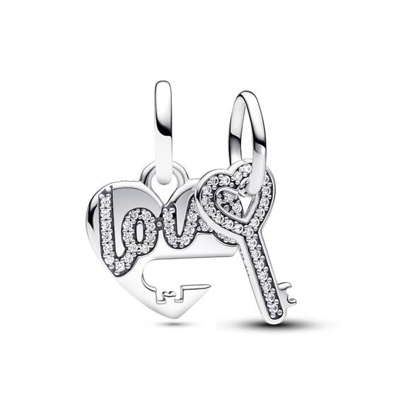 PANDORA Moments Teilbarer Herz & Schlüssel Charm-Anhänger aus Sterling Silber, Zirkonia, Kompatibel Moments Armbänder, 793081C01