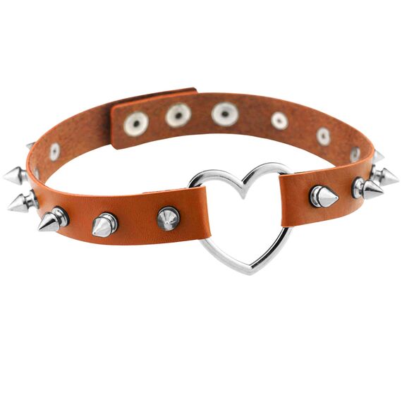 JewelryWe Schmuck Damen Choker Leder Halsband Gothic Punk Lolita Herz Spike Nieten Sklave Kragen Halskette 34-38cm Erstellbare Collier Kette, Braun