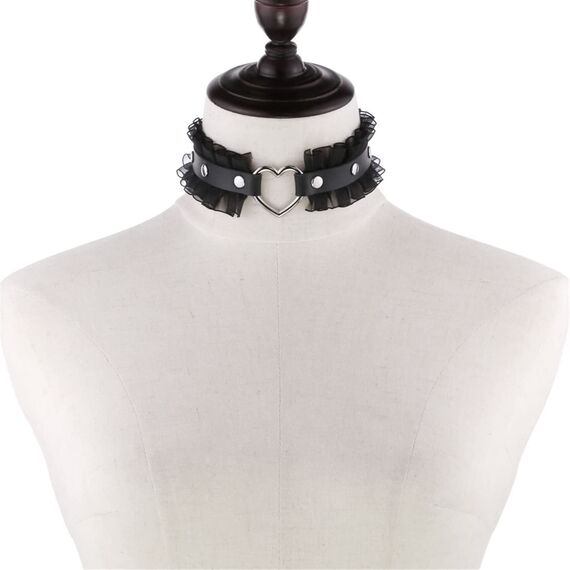 JewelryWe Schmuck Damen Choker Halsband Leder Spitze Halskette Gothic Punk Lolita Herz Collier Kette verstellbare Schnalle Kragen Halsketten für Frauen Mädchen Schwarz