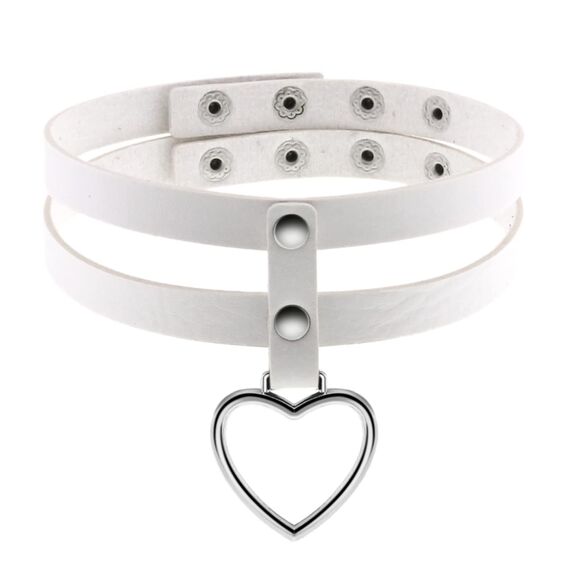 JewelryWe Schmuck Damen Choker Halsband Leder Halskette Gothic Punk Herz Zweischichtig Collier Kette mit Herz Anhänger verstellbare Kragen Halsketten für Frauen Mädchen Weiß