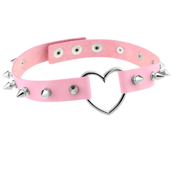 JewelryWe Schmuck Damen Choker Leder Halsband Gothic Punk Lolita Herz Spike Nieten Sklave Kragen Halskette 34-38cm Erstellbare Collier Kette, Pink