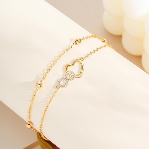 Jbniuay Fußkettchen für Damen S925 Sterling Silber Gold Infinity Herz Fußkette Verstellbare 23+5cm Geschenke für Frauen
