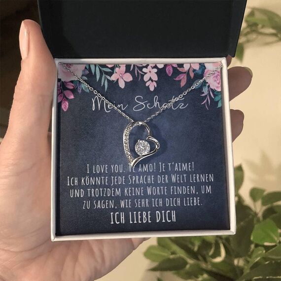 BYLITZ An meinen Schatz Halskette mit Karte Herz Kette mit LED Box und Spruch für Damen Frau Partnerin Freundin oder Verlobte zum Jahrestag Geburtstag Weihnachten (Standard Box - Herz V2)