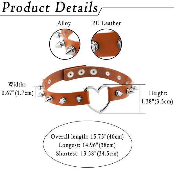 JewelryWe Schmuck Damen Choker Leder Halsband Gothic Punk Lolita Herz Spike Nieten Sklave Kragen Halskette 34-38cm Erstellbare Collier Kette, Braun