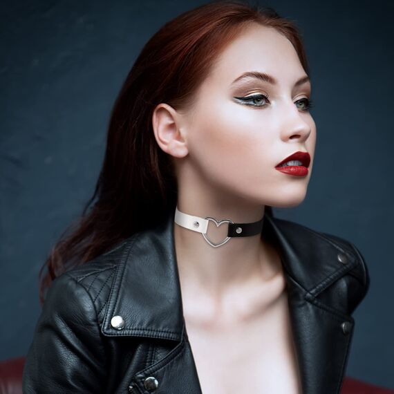 JewelryWe Schmuck Damen Choker Leder Halsband Gothic Punk Lolita Herz Sklave Kragen Halskette 32-38cm Erstellbare Zweifarbig Collier Kette, Schwarz Weiß
