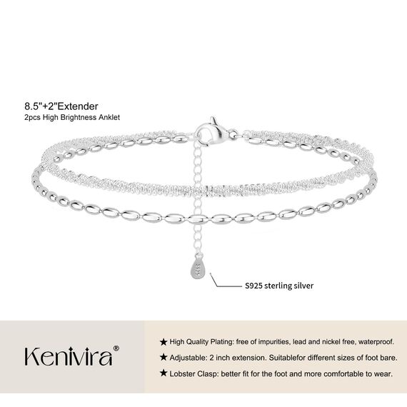 Kenivira Sterling Silber Fußkettchen für Frauen, zierlich geschichtet wasserdicht, Strand Fußkettchen für Damen