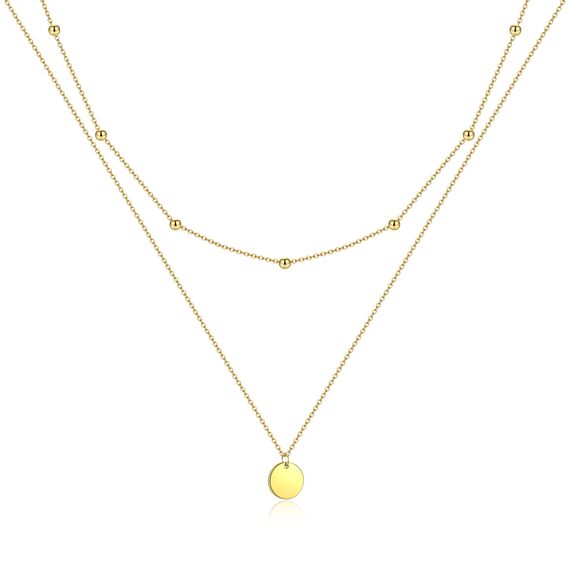 AFSTALR Damen Layered Kette Gold Plättchen Kette Doppel Multilayer Halskette mit Coin Runden Anhänger