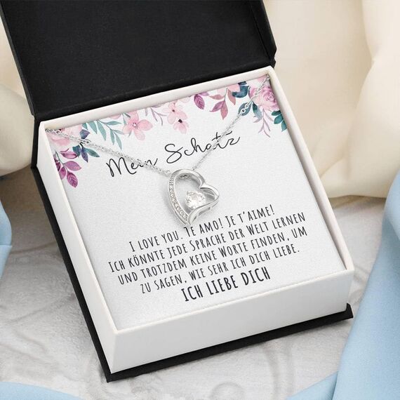 BYLITZ An meinen Schatz Halskette mit Karte Herz Kette mit LED Box und Spruch für Damen Frau Partnerin Freundin oder Verlobte zum Jahrestag Geburtstag Weihnachten (Standard Box - Herz V3)