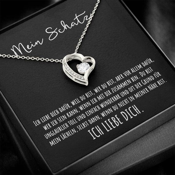BYLITZ An meinen Schatz Halskette mit Karte Herz Kette mit LED Box und Spruch für Damen Frau Partnerin Freundin oder Verlobte zum Jahrestag Geburtstag Weihnachten (Schwarze Box - Herz V10)