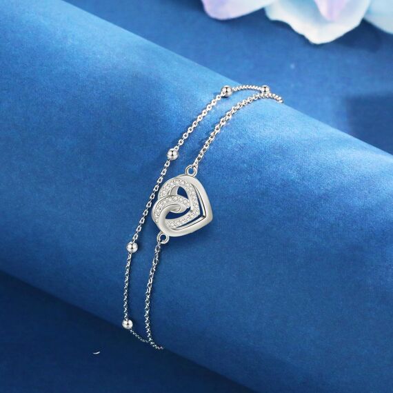 Jbniuay Fußkettchen für Damen 925 Sterling Silber - überlappendes Herz Fußkette - Fussketten für Frauen,Perlenkette S925 - Fußkette damen Verstellbare 23+5cm - Geschenke für Frauen/damen/mama/Tochter