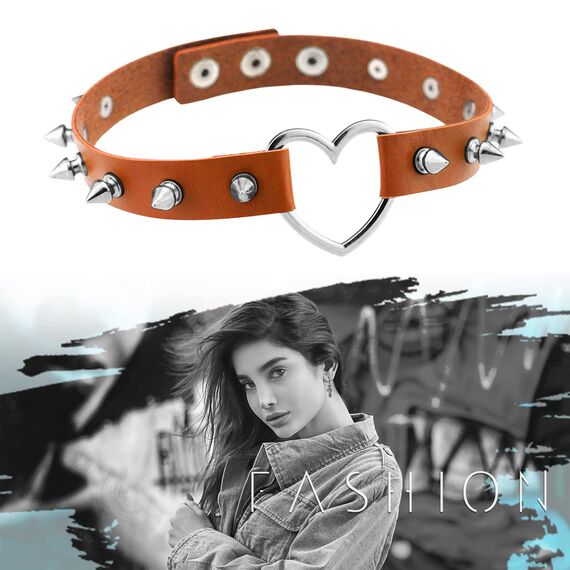 JewelryWe Schmuck Damen Choker Leder Halsband Gothic Punk Lolita Herz Spike Nieten Sklave Kragen Halskette 34-38cm Erstellbare Collier Kette, Braun
