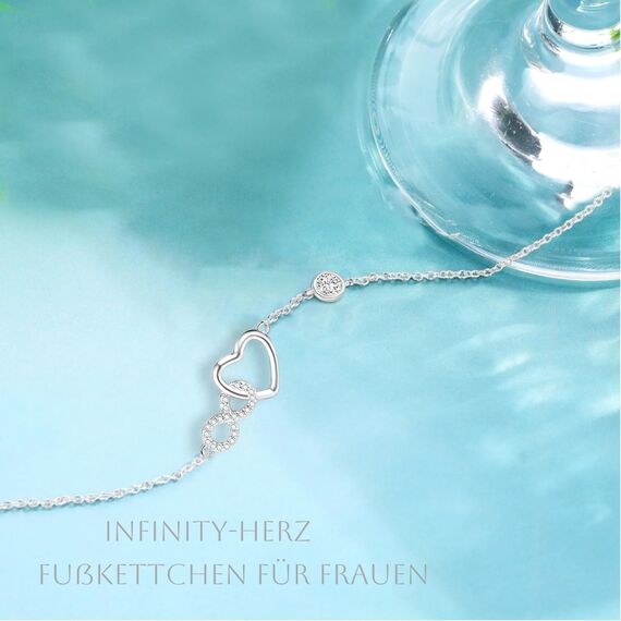 Jbniuay Fußkettchen für Damen silber 925 - Fussketten für frauen 925 Sterling Silber Herz infinity Zirkon Fußkettchen Längenverstellbar 23 + 5 Geschenke für Frauen/damen/mama/mutter/Tochter