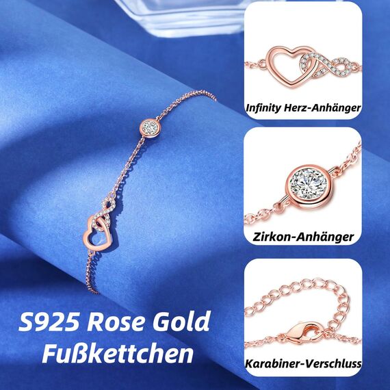 Jbniuay Geschenke für Frauen - Fußkettchen für Damen Roségold - fussketten für frauen 925 Sterling Silber Herz infinity Fußkettchen Längenverstellbar 23 + 5