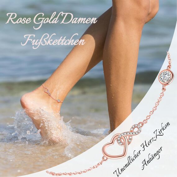 Jbniuay Geschenke für Frauen - Fußkettchen für Damen Roségold - fussketten für frauen 925 Sterling Silber Herz infinity Fußkettchen Längenverstellbar 23 + 5