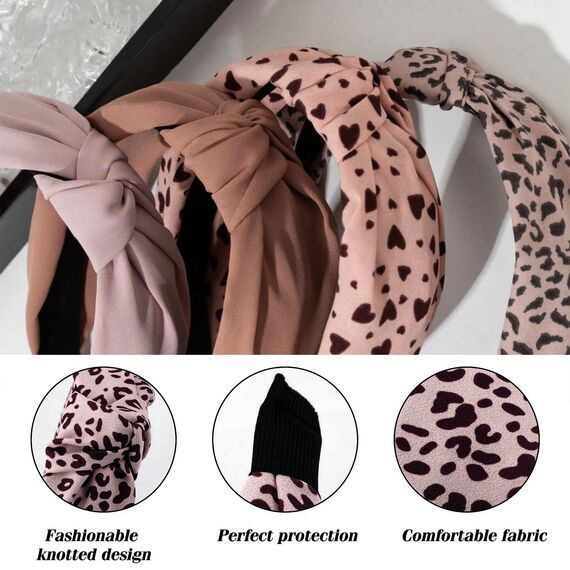 Kotkiddy 4 Stück Stirnbänder für Damen, Rutschfest, Modisch, Damen-Stirnbänder für Haare, süßes Haarband für Damenhaare(Leopardenmuster und Herzmuster in Rosa)