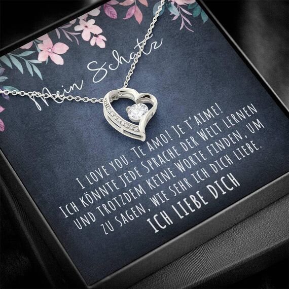 BYLITZ An meinen Schatz Halskette mit Karte Herz Kette mit LED Box und Spruch für Damen Frau Partnerin Freundin oder Verlobte zum Jahrestag Geburtstag Weihnachten (Standard Box - Herz V2)