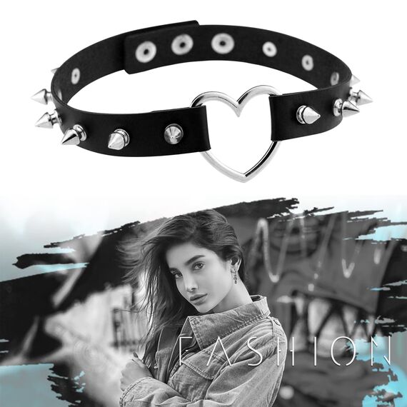 JewelryWe Schmuck Damen Choker Leder Halsband Gothic Punk Lolita Herz Spike Nieten Sklave Kragen Halskette 34-38cm Erstellbare Collier Kette, Schwarz